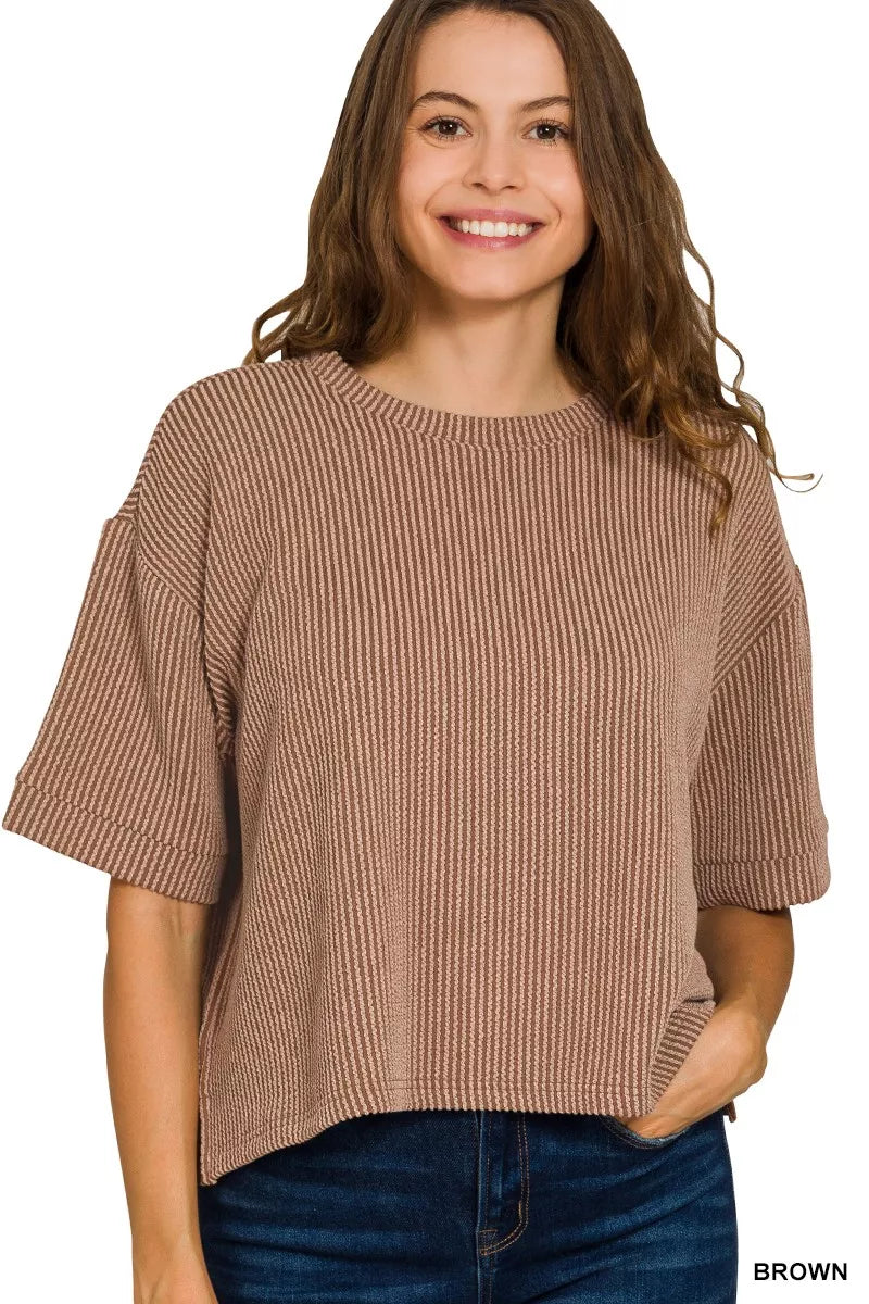Zenana Brown Raised Rib Short Sleeve Tee & Pants Set