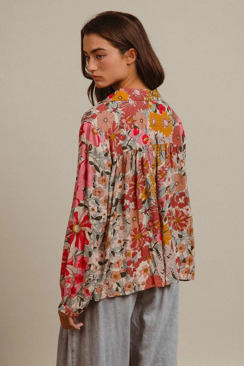 BiBi Woven Floral Printed Long Sleeve Blouse