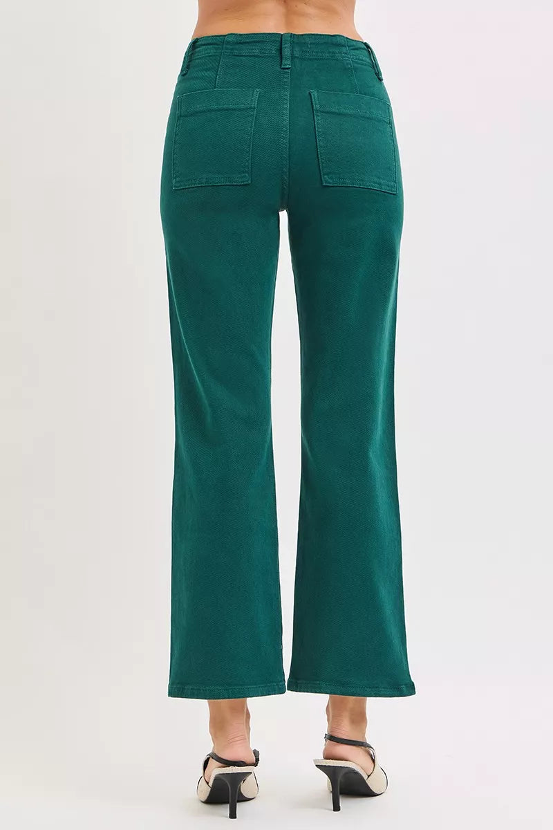 RISEN Hunter Green High Rise Ankle Flare Patch Pocket Jeans