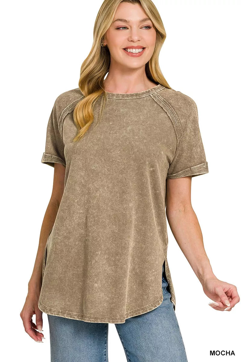 Zenana Mocha French Terry Washed Curved Hem Top MOCHA