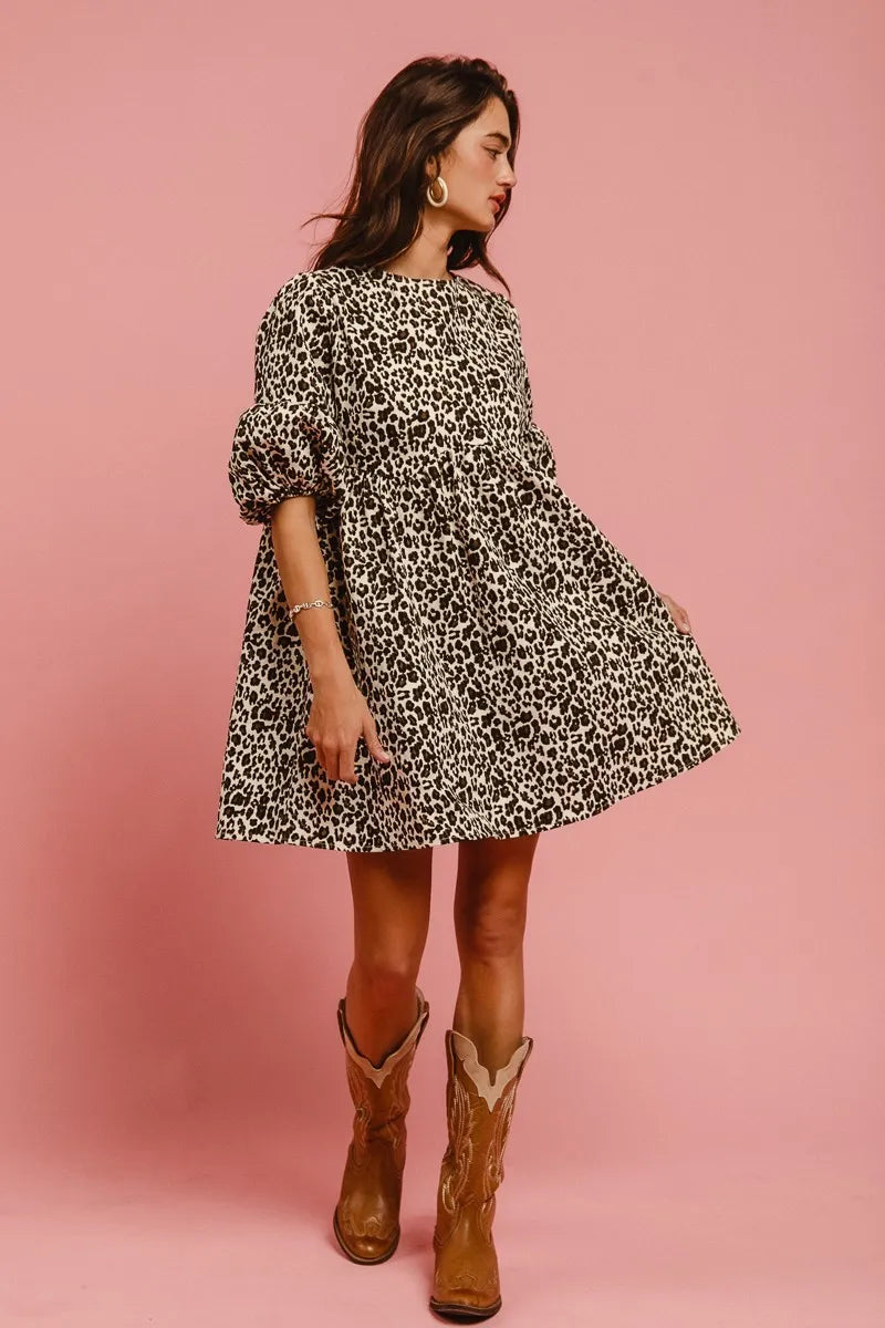 BiBi Leopard Denim Dress With Back Contrast Tie Detail