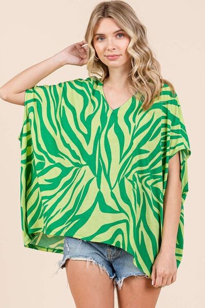 Mittoshop Green Zebra Print V-Neck Short Sleeve Oversized Top