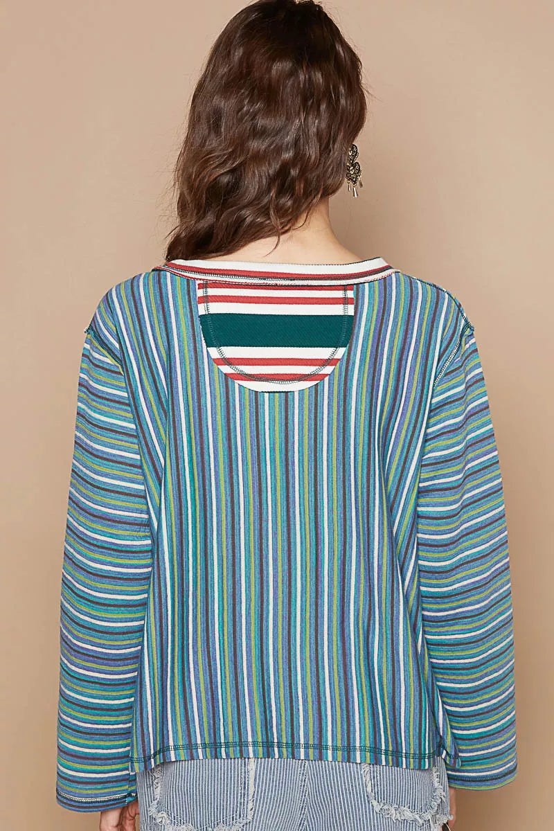 POL Green Multi Color Block Striped Round Neck Long Sleeve T-Shirt