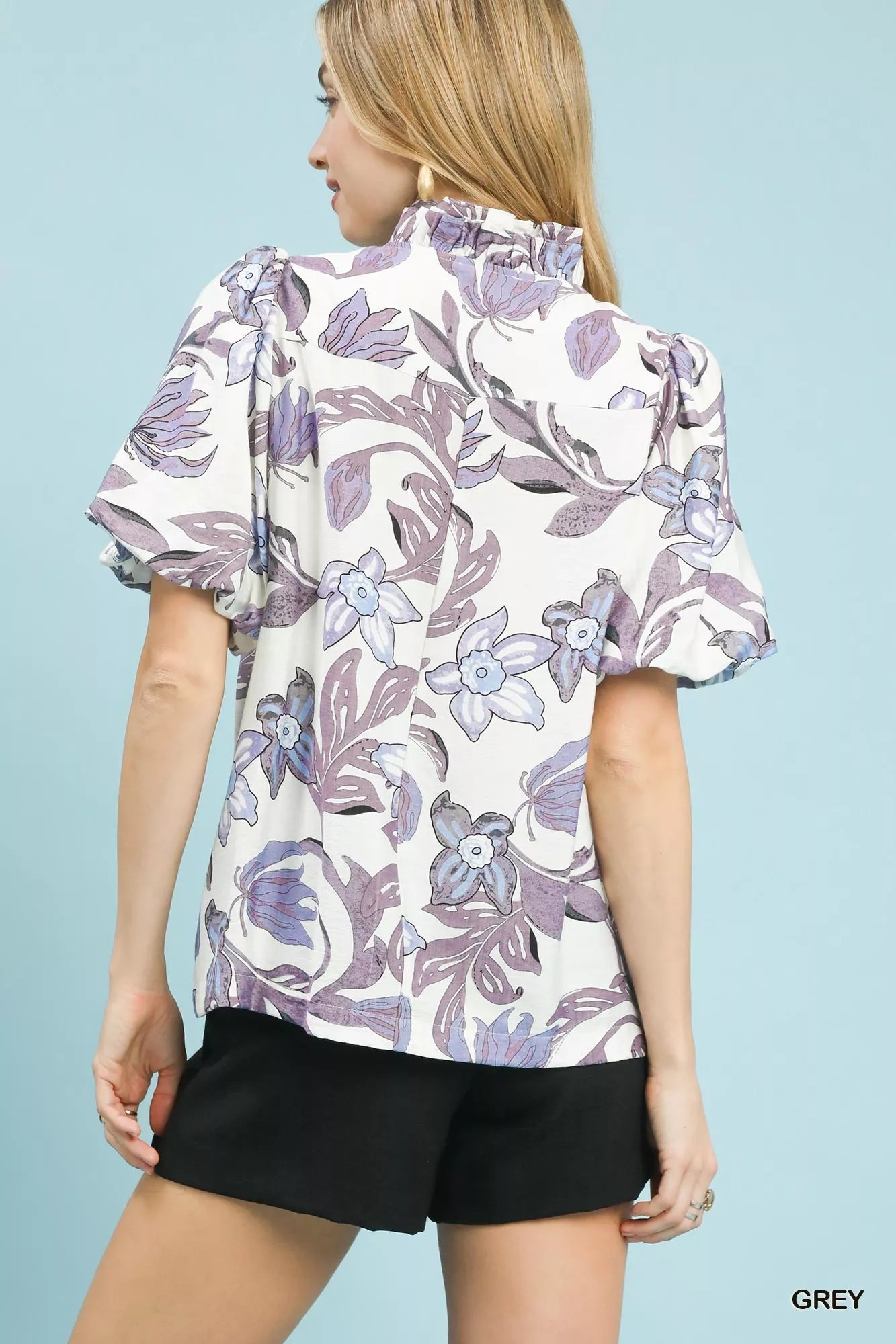 Umgee Grey Lush Blossom Print Puff Sleeve Top with Ruffle Trim Detail