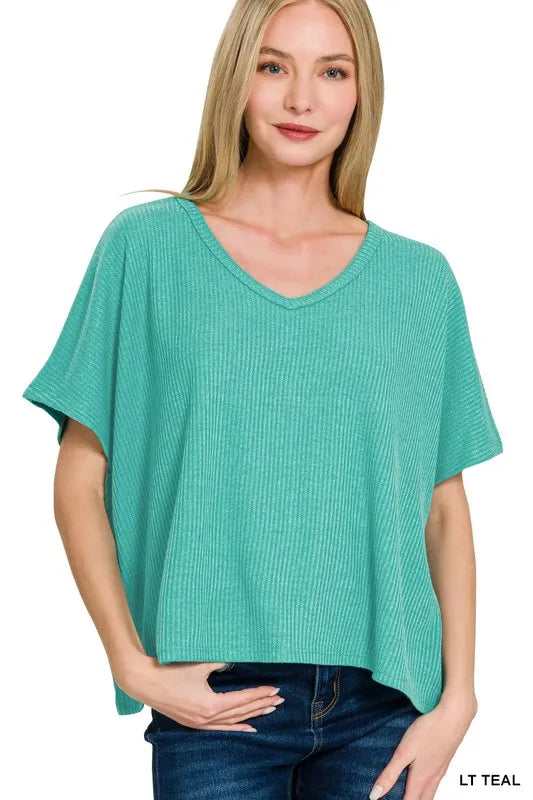Zenana Light Teal Ribbed V-Neck Short-Sleeve Knit Top LT TEAL
