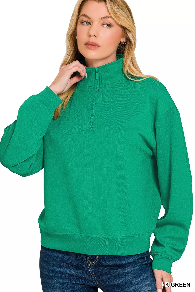 Zenana Kelly Green Scuba Half Zip Pullover Sweatshirt K GREEN
