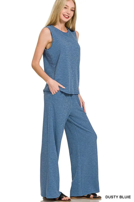 Zenana Dusty Blue Cotton Slub Tank & Pants Set DUSTY BLUE