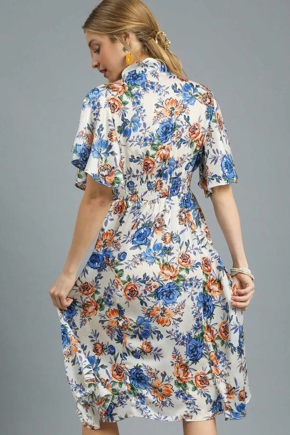 Umgee Royal Blue Flutter Sleeve Bow Tie Floral Midi Dress