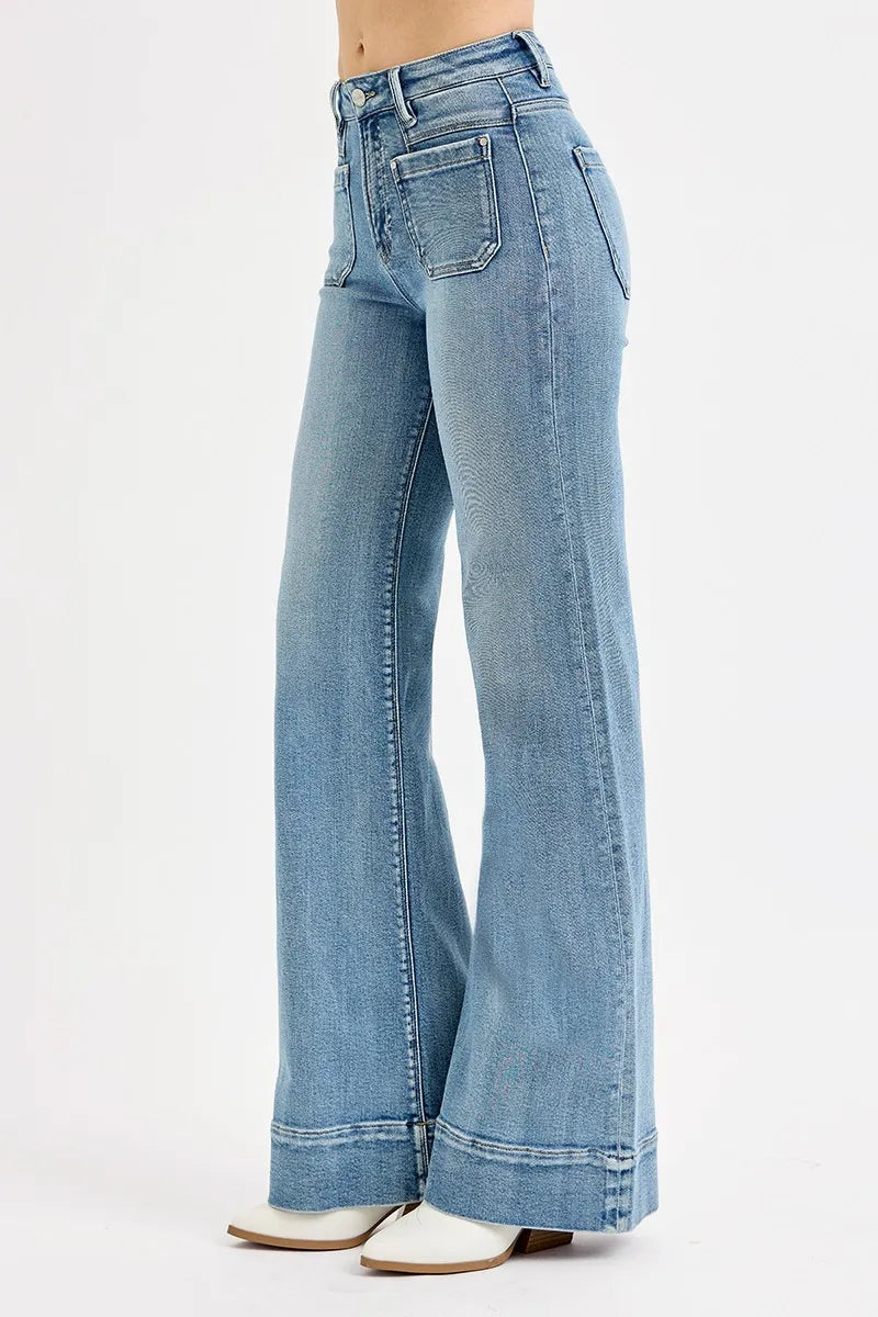 RISEN Medium Washed High Rise Wide Flare Patch Pocket Jeans