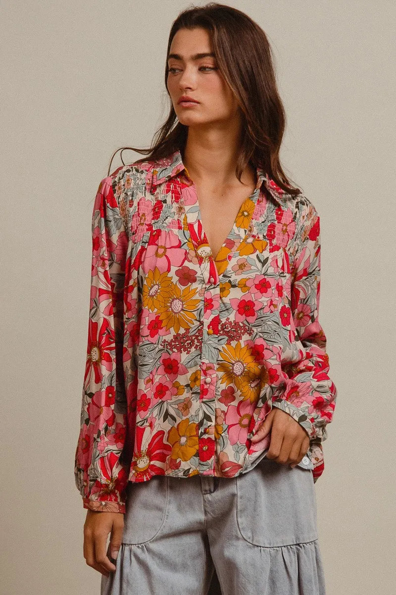BiBi Woven Floral Printed Long Sleeve Blouse