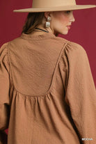 Umgee Mocha Textured Notched Blouse with Balloon Sleeves