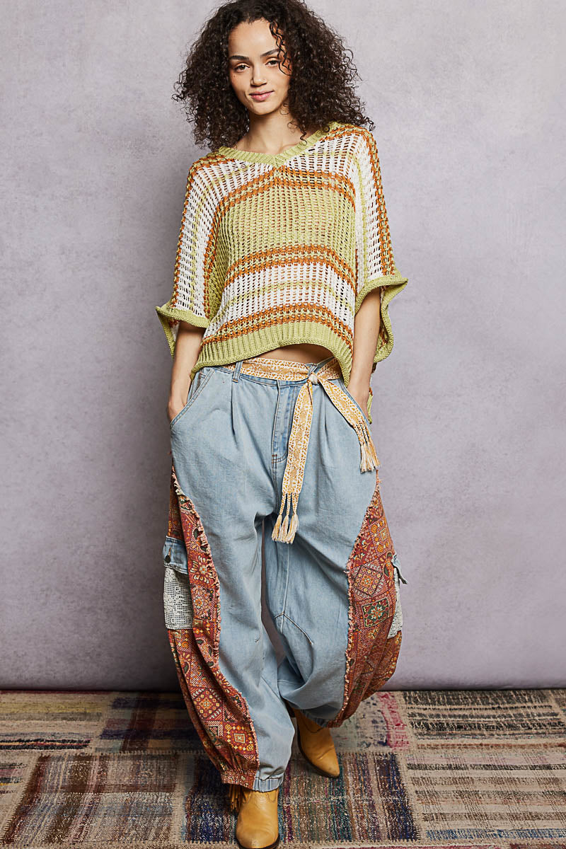 POL Lime Sage Openwork Lightweight Striped V-Neck Knit Top