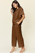 Double Take Quilted Textured Half Zip Short Sleeve Top and Pants Set Sets