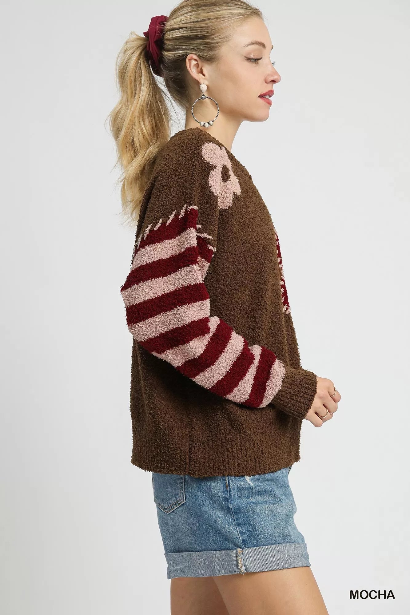 Umgee Mocha Flower Jacquard Striped Long Sleeve Sweater
