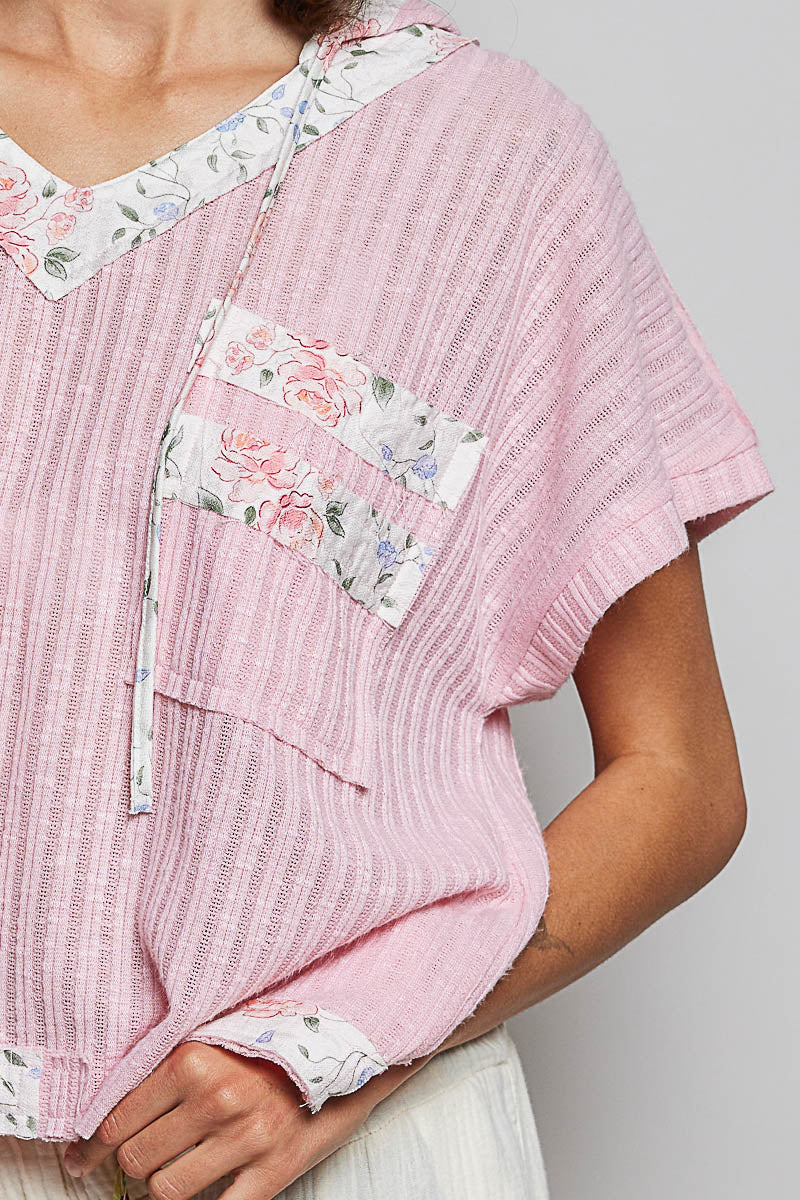 POL Short Sleeve Hooded Top with Back-Open & Pearl Details