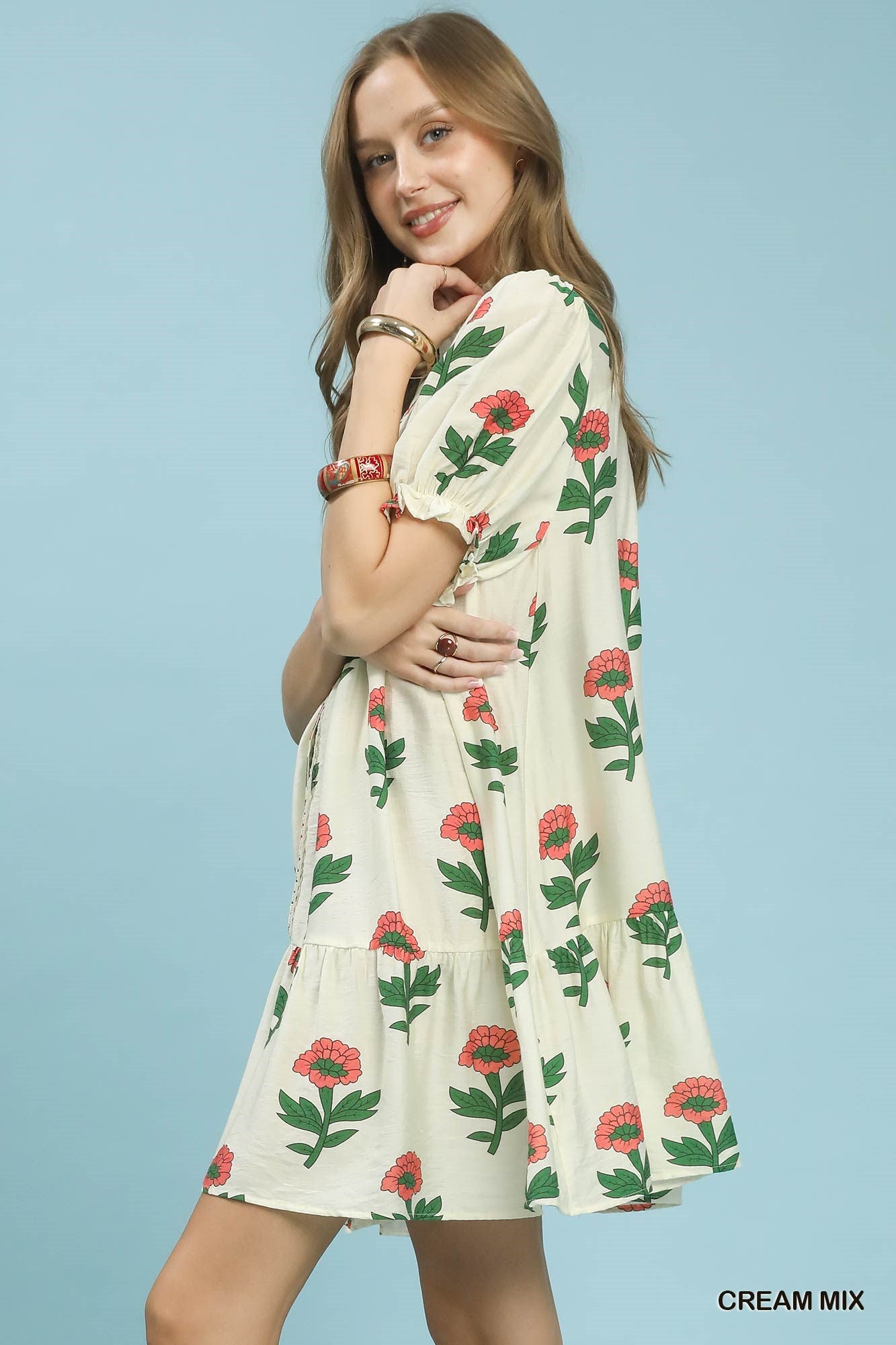 Umgee Cream Mix Floral Print Babydoll Dress