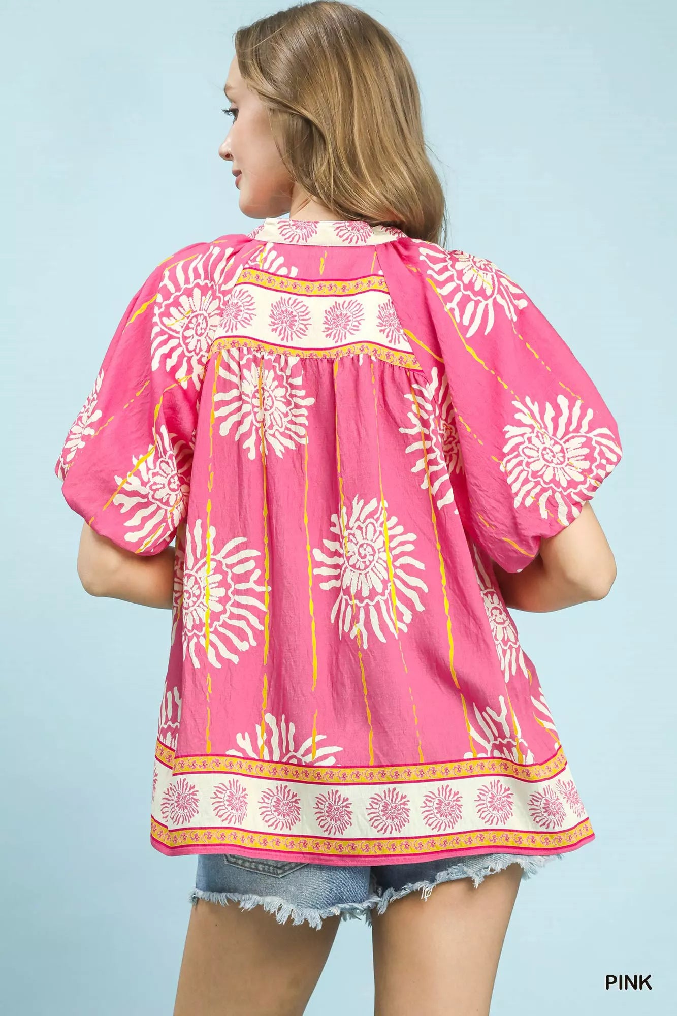 Umgee Pink Floral Border Smocked V-Neck Boho Blouse