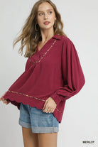 Umgee Merlot Linen Scallop Hem Blouse with Contrast Trim