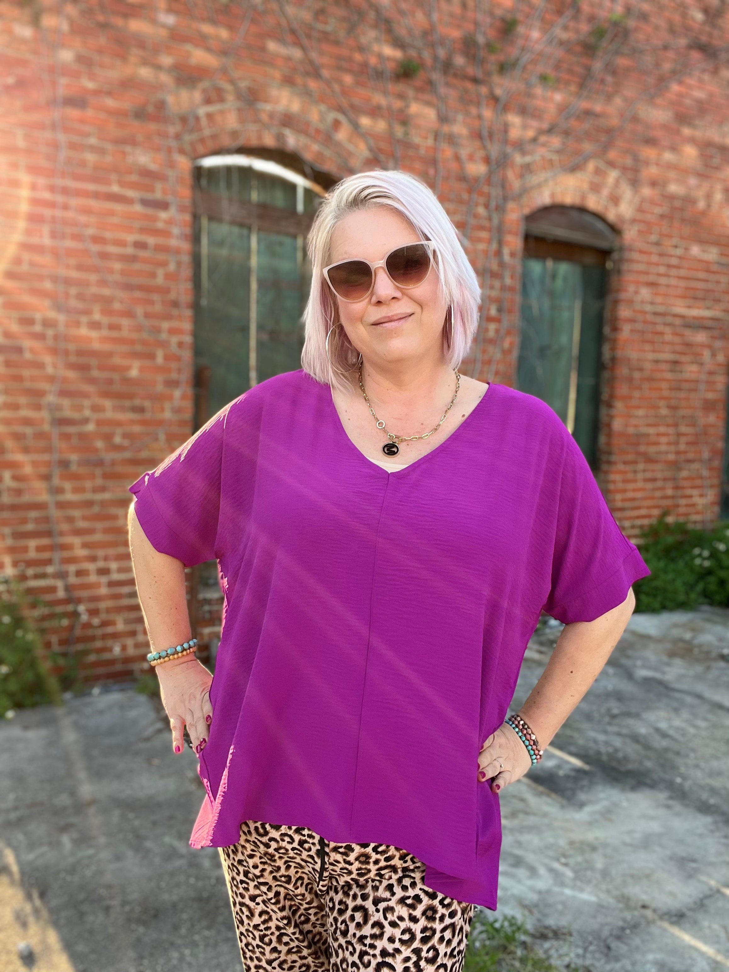 Zenana Plum Woven V Neck Dolman Short Sleeve Airflow Top Shirts & Tops