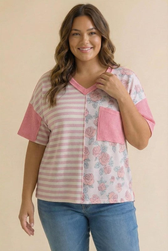 Haptics So Rosy Mixed Print V-Neck Top