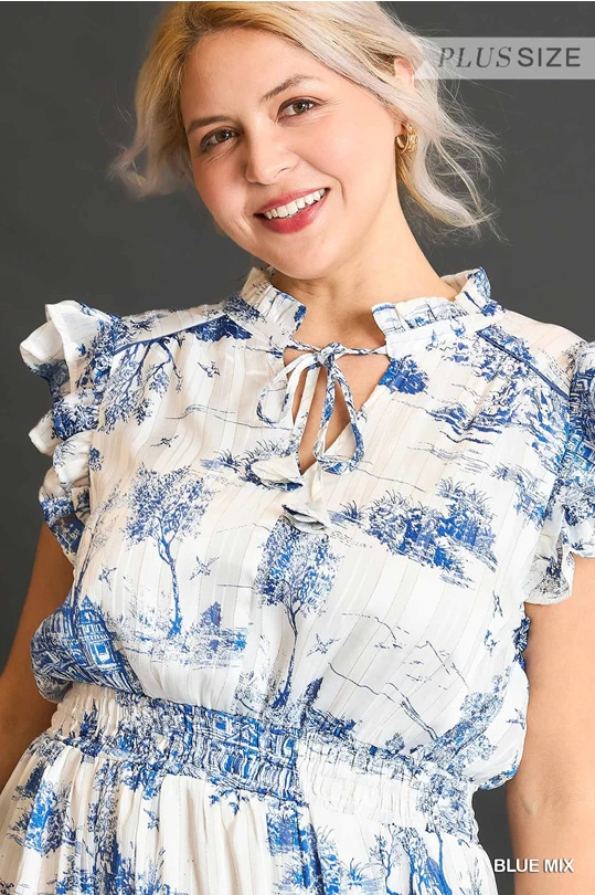 Umgee Sky Blue Two Tone Landscape Print Midi Dress