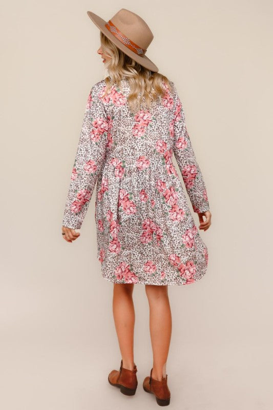 Haptics Leopard and Floral Fit & Flare Babydoll Tunic Dress