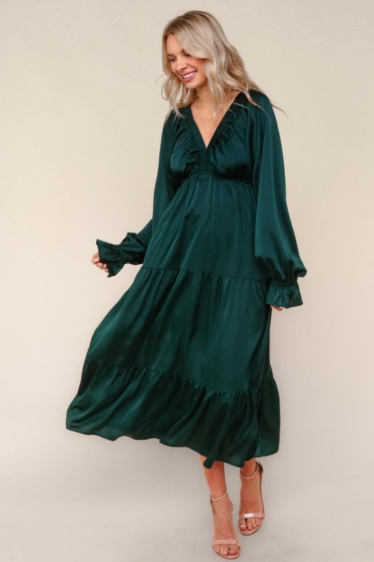 Haptics Hunter Green V NECK Satin Maxi Dress