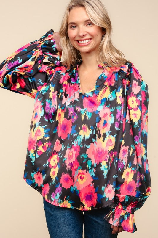 Haptics Bubble Long Sleeve Floral Blouse