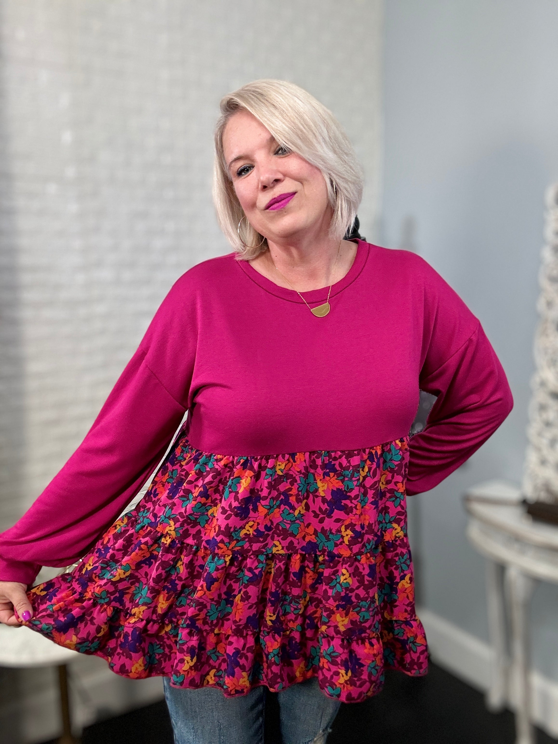 Haptics Berry Drop Shoulder Long Sleeve Babydoll Twofer Top