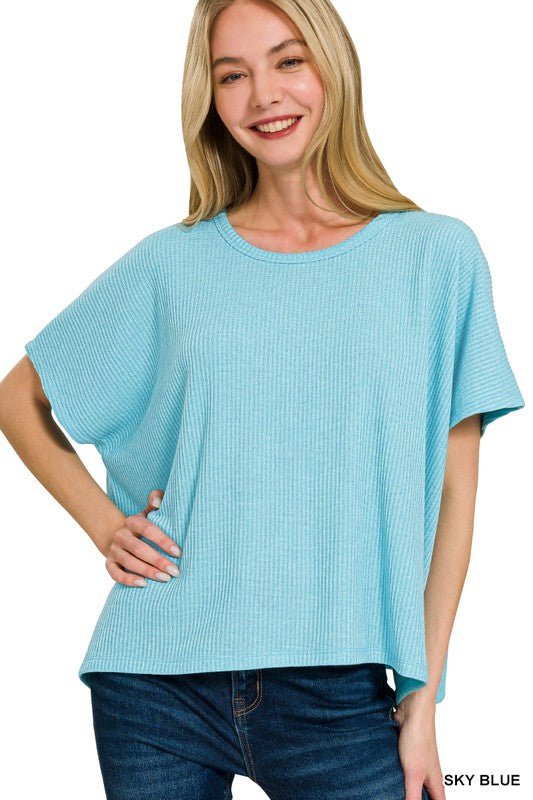 Zenana Blue Gray Ribbed Round-Neck Short-Sleeve Knit Sweater