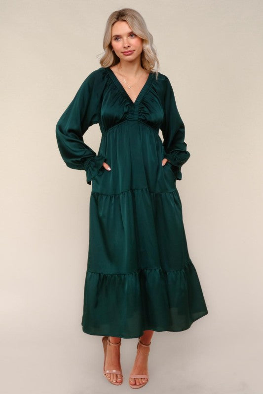 Haptics Hunter Green V NECK Satin Maxi Dress