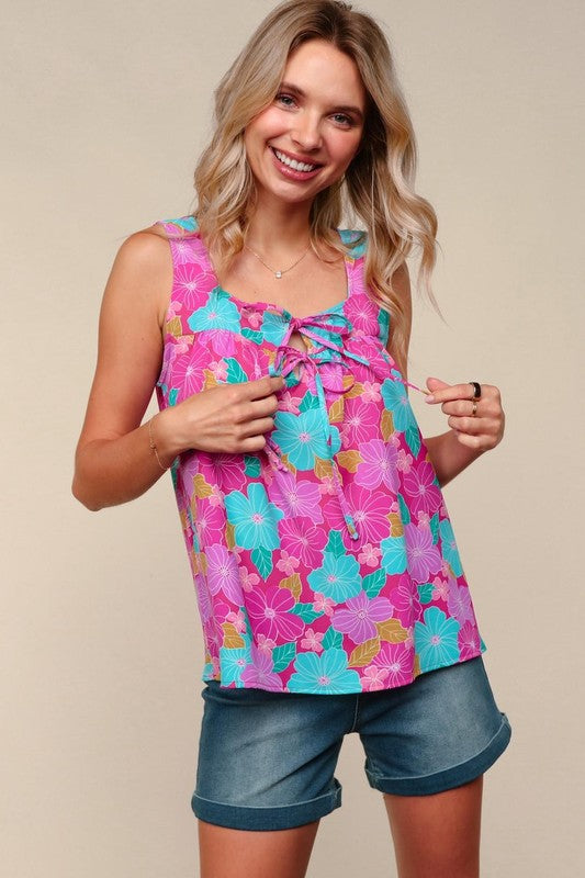 Haptics Fuchsia Square Neck Floral Bow Tie Top