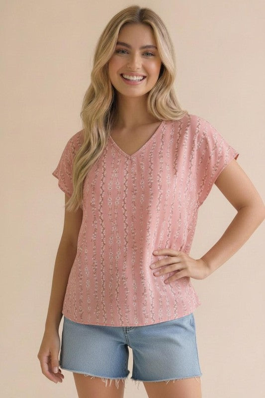 Haptics Coral Bloom Floral Stripe V-Neck Top