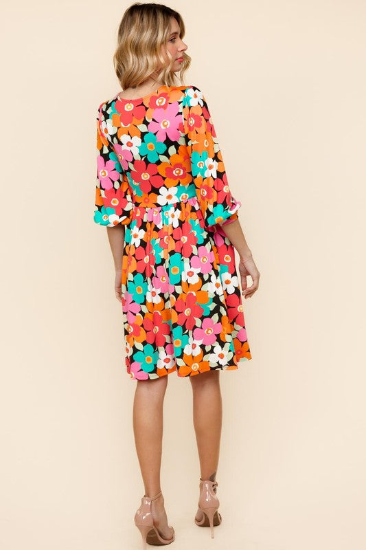 Haptics Little Bold V-Neck Ribbon Bow Detail Floral Knit Dress Womens