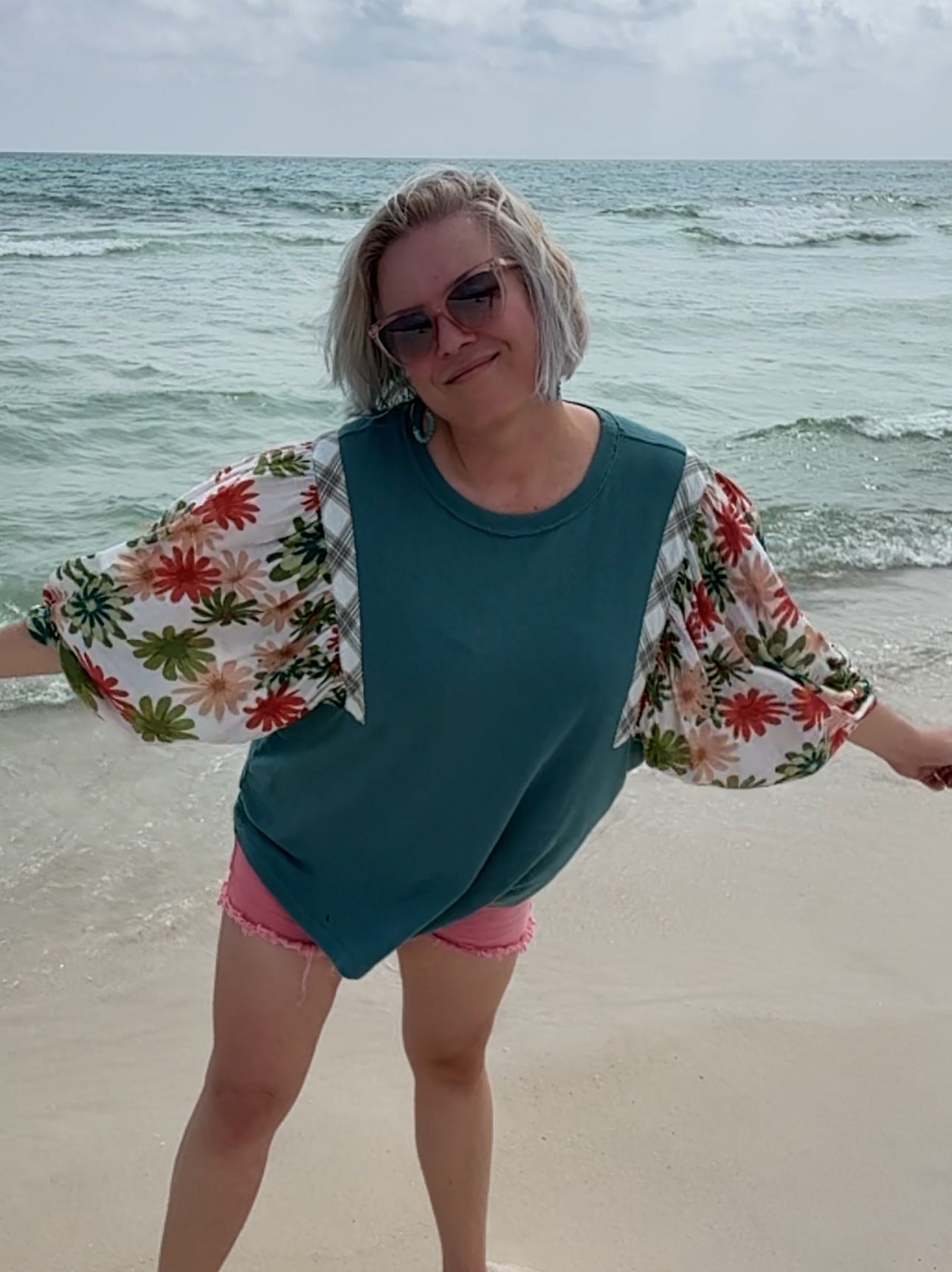 SAGE + FIG Teal Printed Balloon Sleeve Contrast Top Shirts & Tops