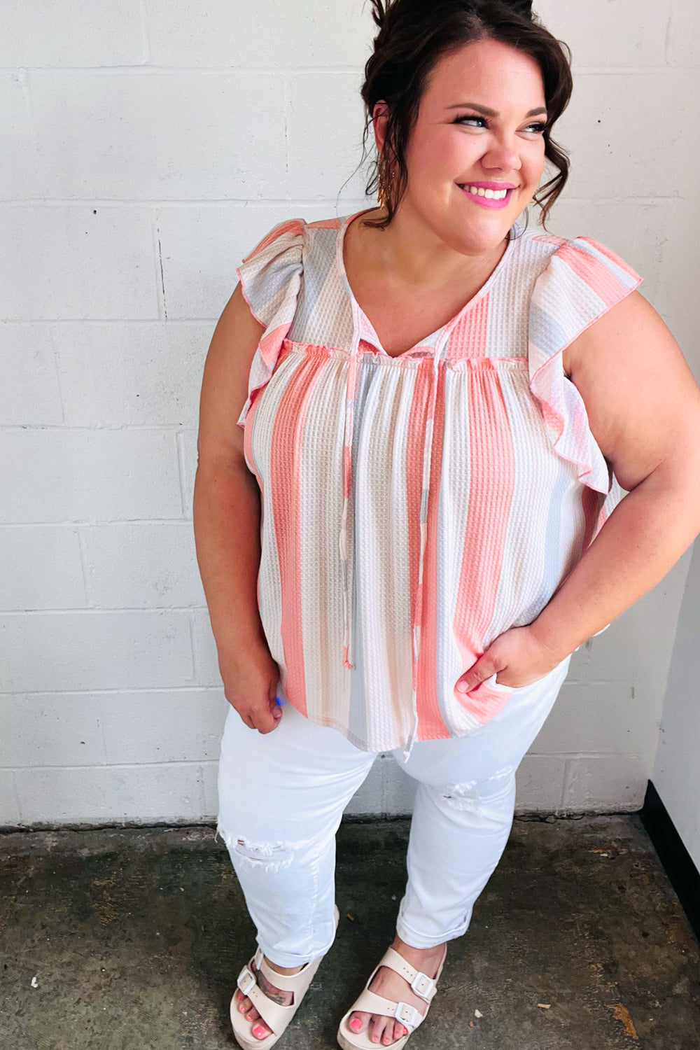 Sugarfox Coral & Light Blue Stripe Waffle Tie Neck Top