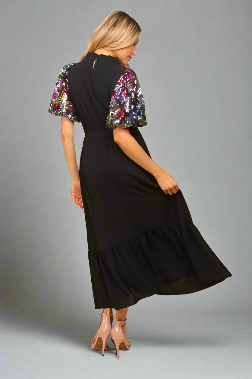 Haptics Black Floral Sequin Puff Sleeve Mock Neck Tiered Maxi Dress Dresses