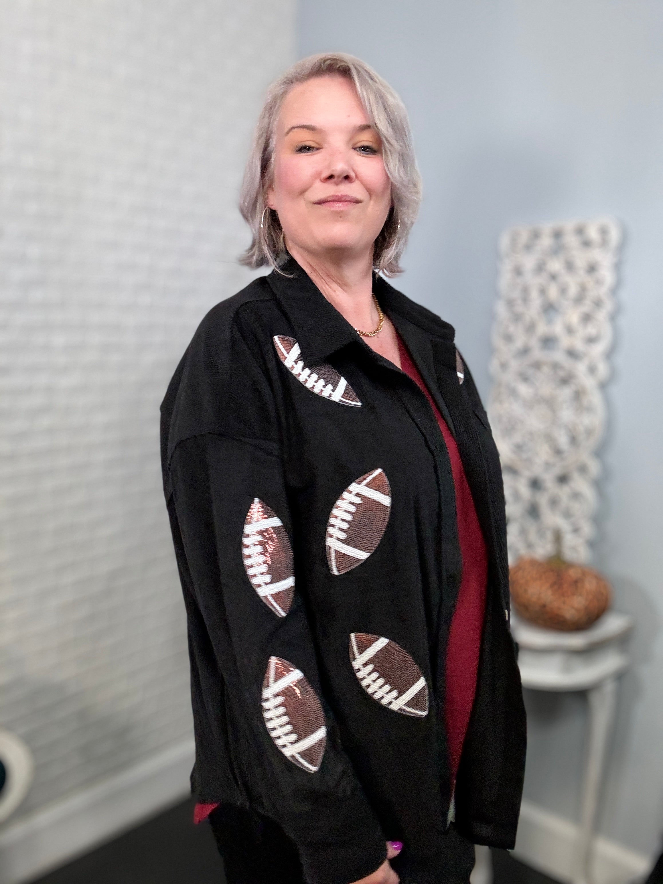 Preorder: Ruby Idol Sequin Football Black Button Up Long Sleeve Corduroy Jacket Shirts & Tops