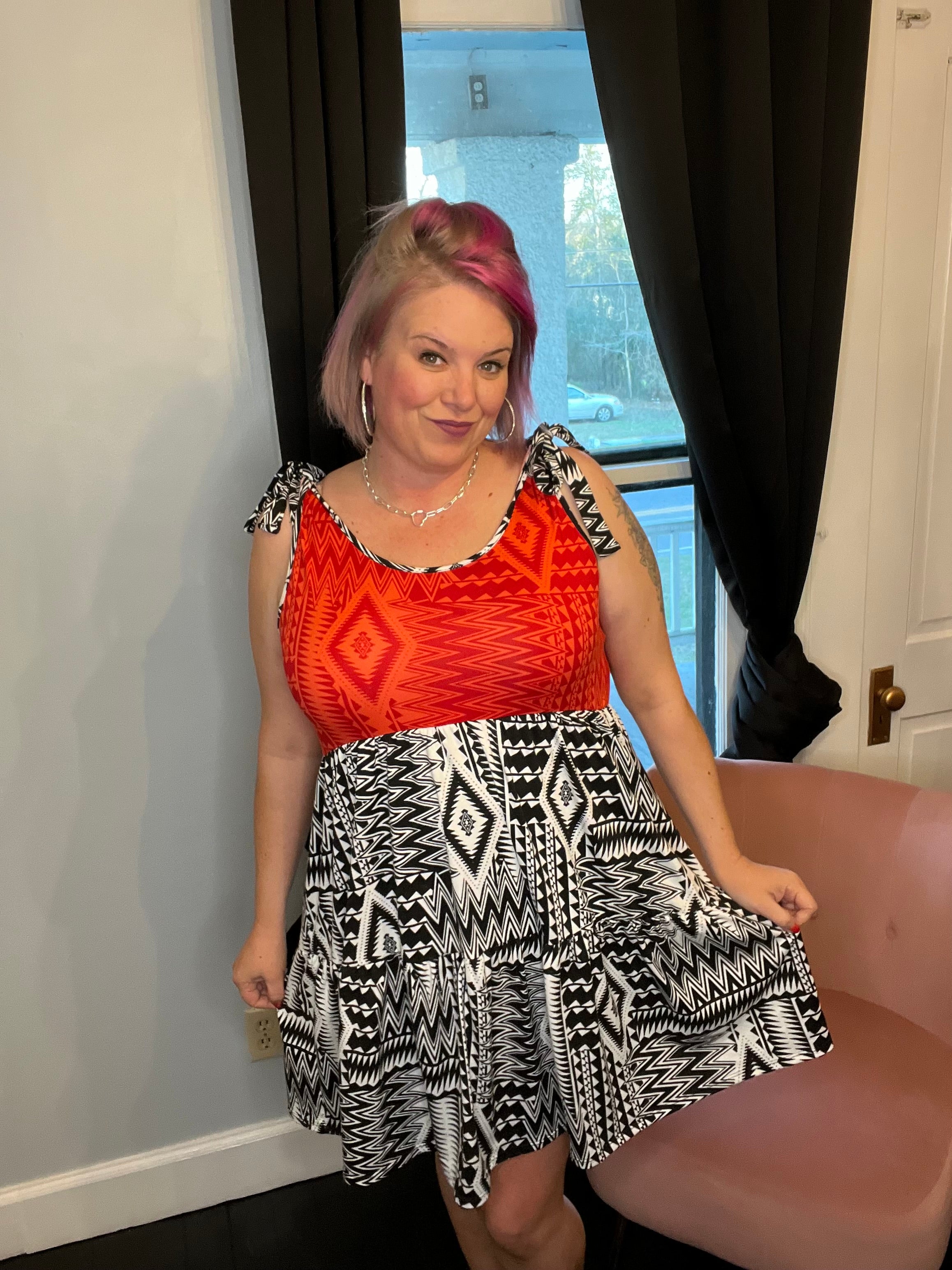 Haptics Red/Black Aztec Shoulder Tie Knot Tiered Dress Final Sale