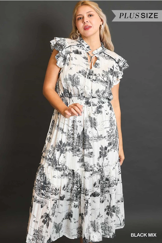 Umgee Black Two Tone Landscape Print Midi Dress with Metallic Threads