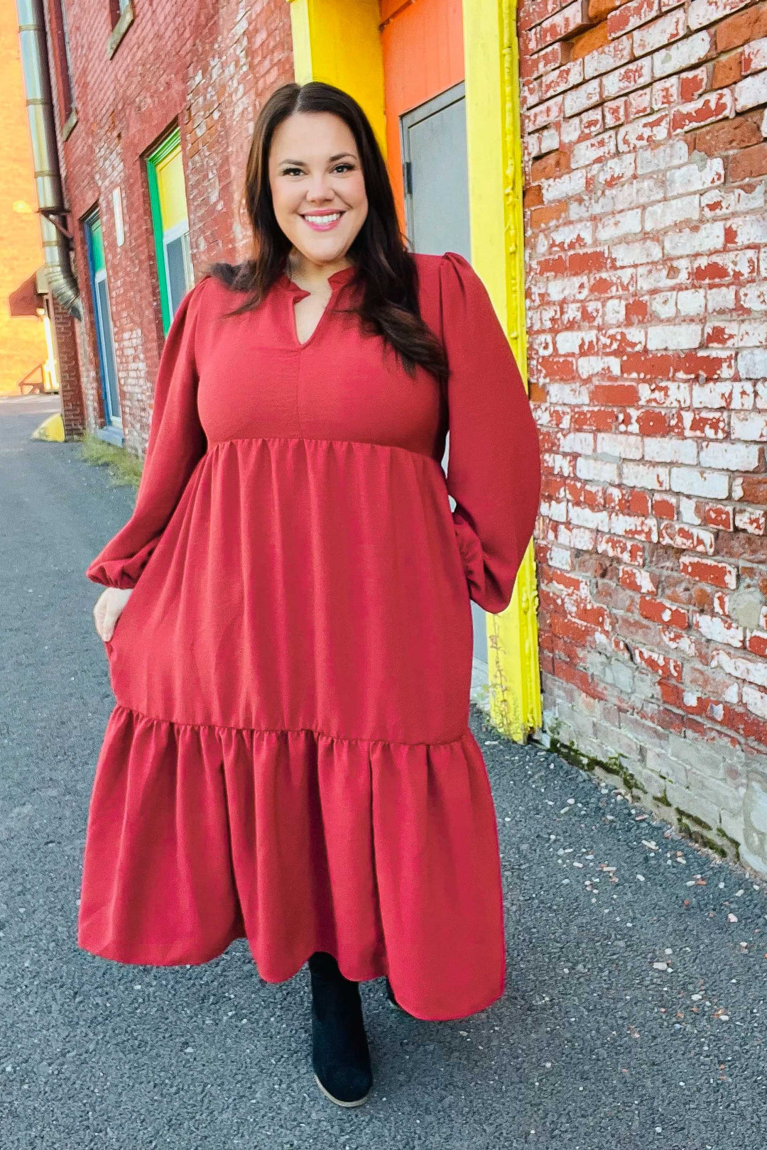 Haptics Spice Notched Neck Frill Hem Tiered Maxi Dress 1X Dresses