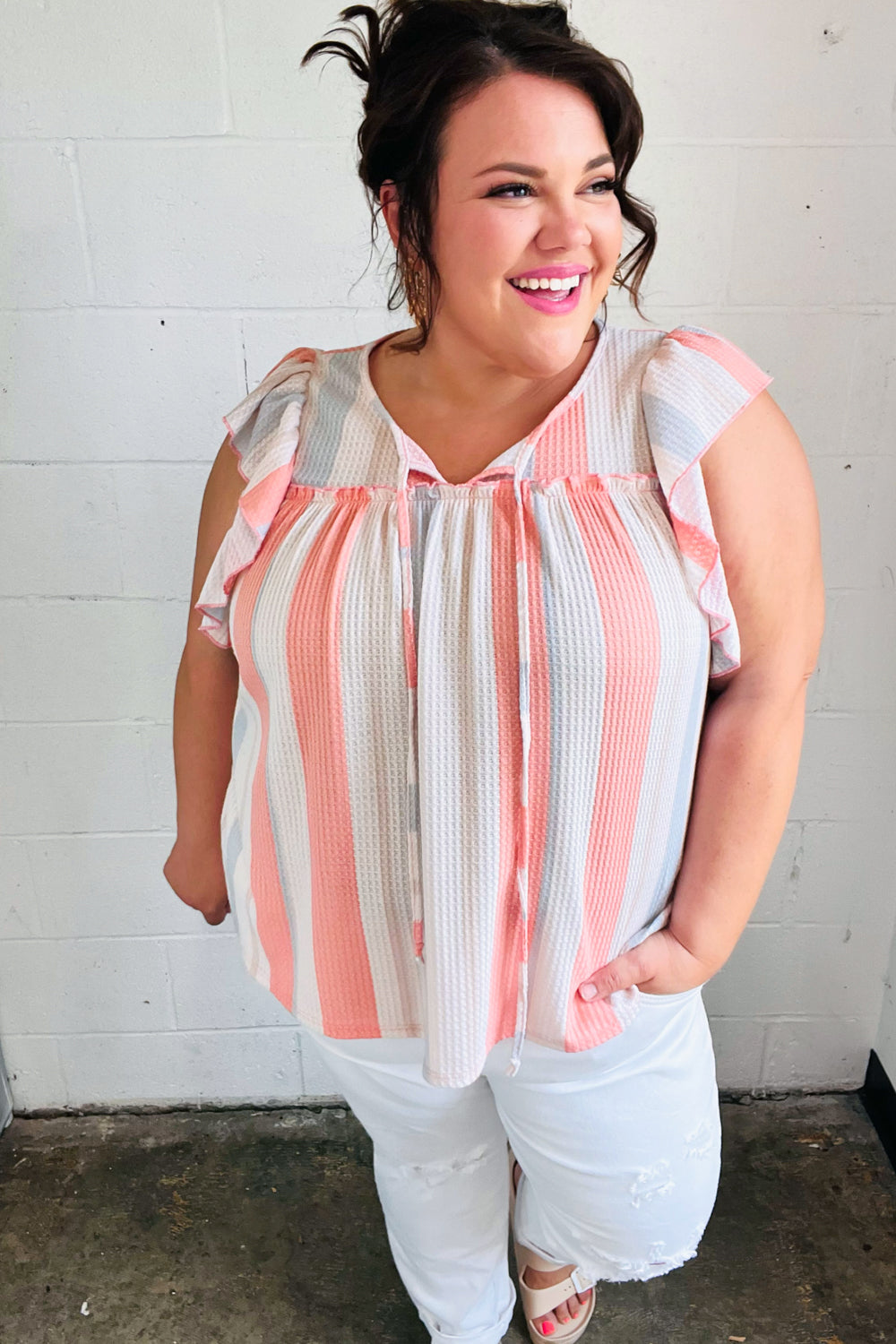 Sugarfox Coral & Light Blue Stripe Waffle Tie Neck Top