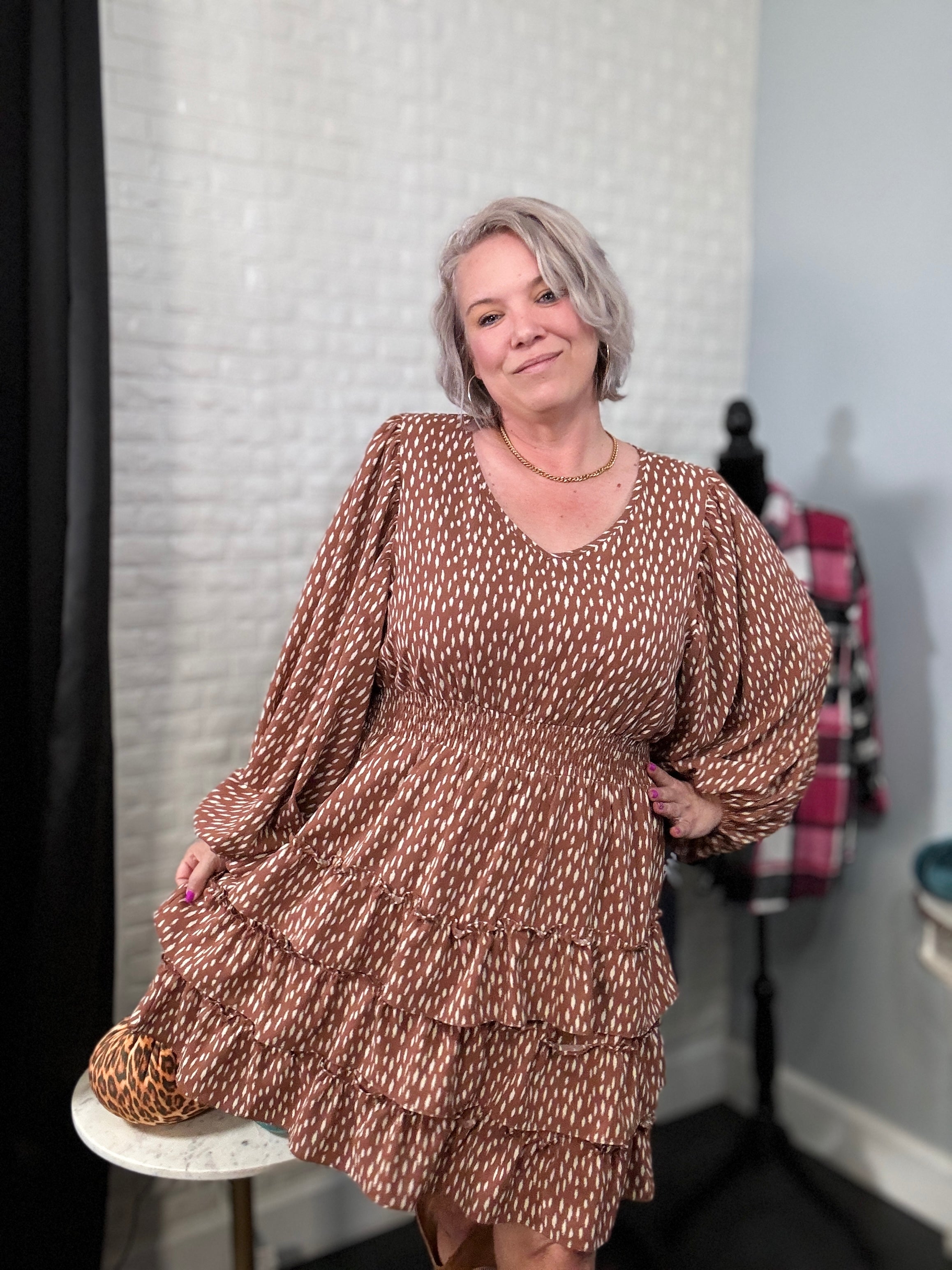 Haptics Feminine Flair Terracotta Leopard Print Ruffle Tiered Dress Final Sale Dresses