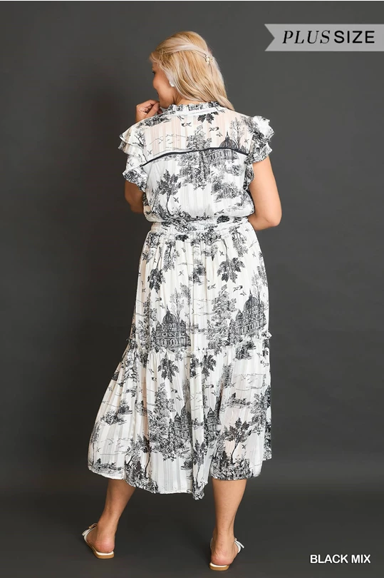 Umgee Black Two Tone Landscape Print Midi Dress with Metallic Threads