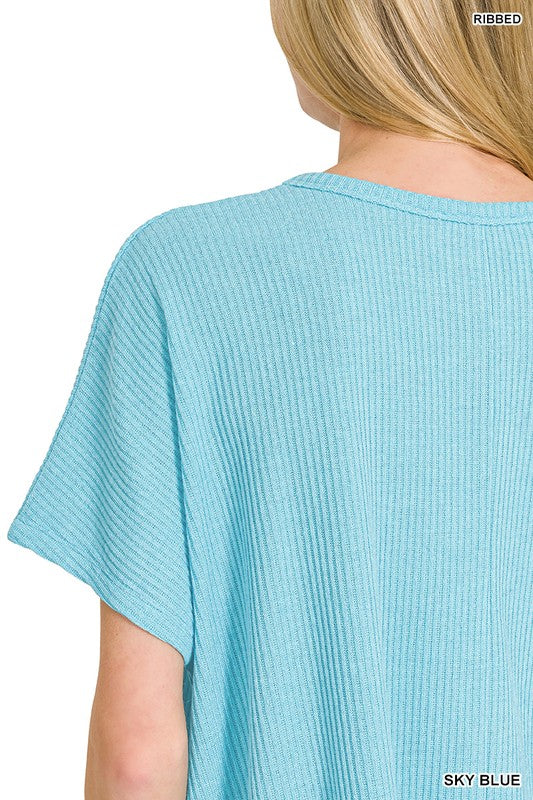 Zenana Blue Gray Ribbed Round-Neck Short-Sleeve Knit Sweater
