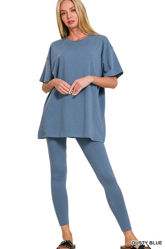 Zenana Heather Gray Cotton Round Neck Top & Legging Set