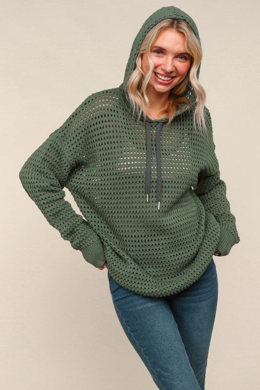 Haptics Fishnet Drawsting Olive Oversized Pullover Hoodie