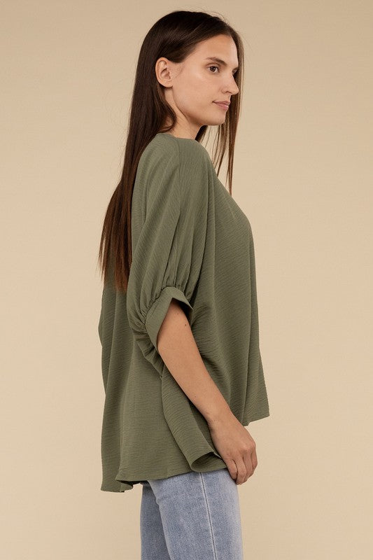 Zenana Light Olive Woven Airflow V-neck Puff Half Sleeve Top