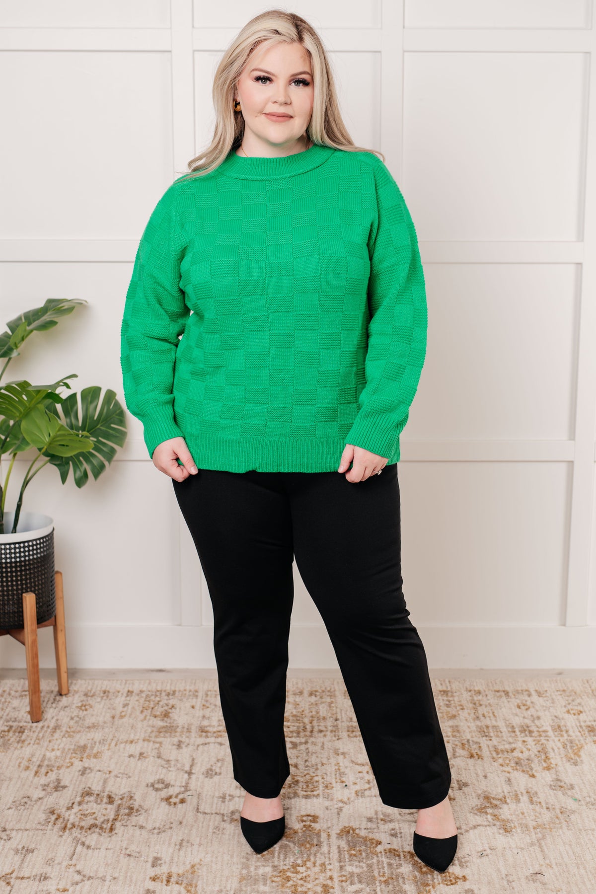 Jodifl A Song to Sing Monochromatic Checkered Sweater Knit Pullover Tops