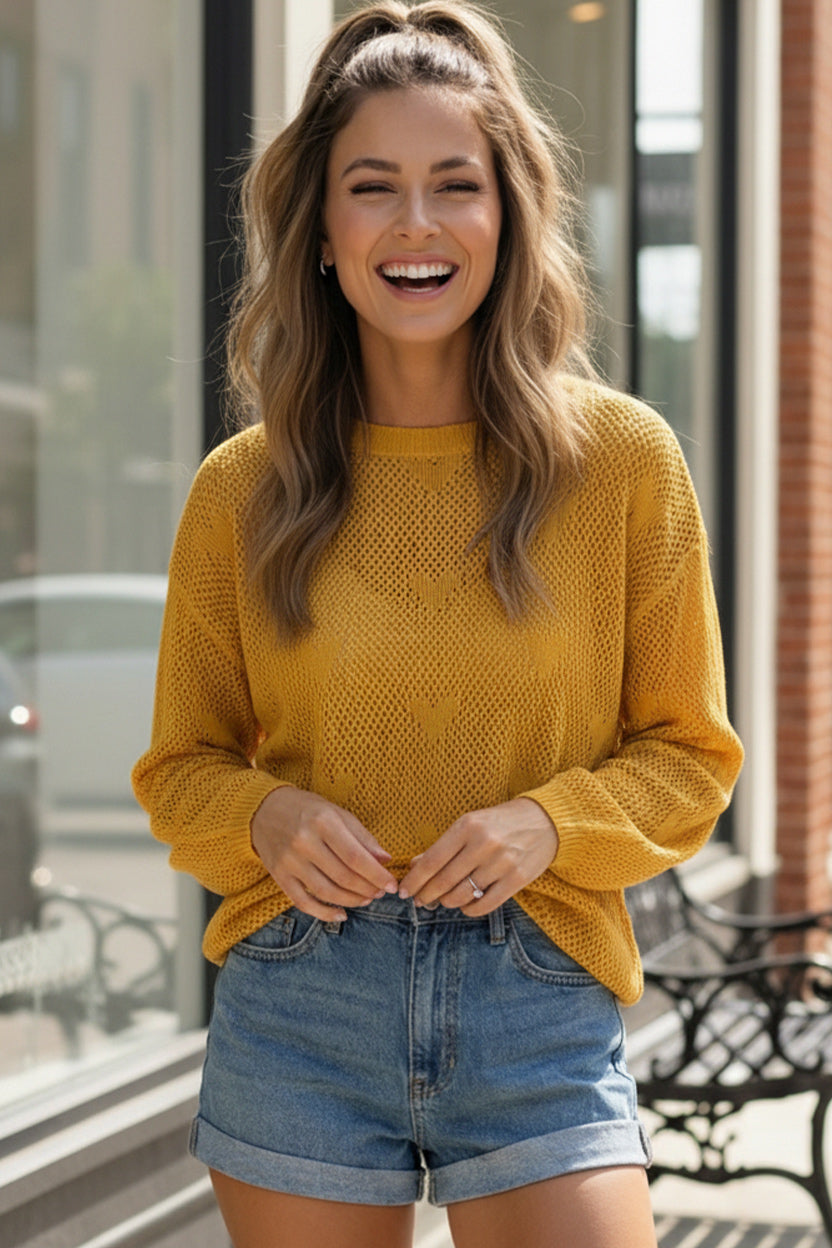 And The Why Mustard Heart Knit Lightweight Sweater